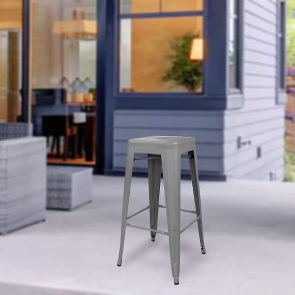 30 in. Gray Metal, Backless, Zinc Plated, Outdoor Use Bar Stool (Set of 4)