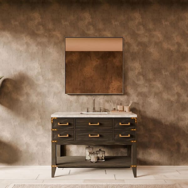 Irvington 48 in W x 22 in D Black Oak Single Bath Vanity, Carrara Marble Top, Faucet Set, and 46 in Mirror