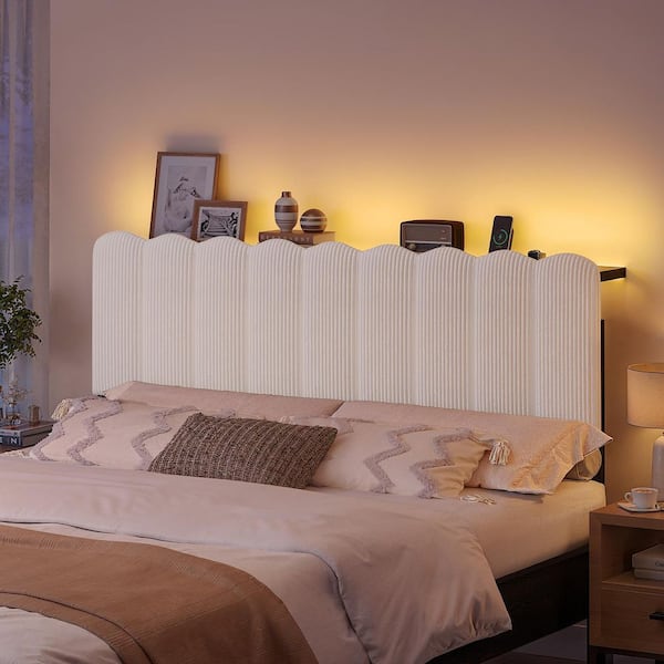 Modern Queen Metal and Wood Upholstered Headboard with LED Light, Charging Station and Height Adjustment, Teddy White