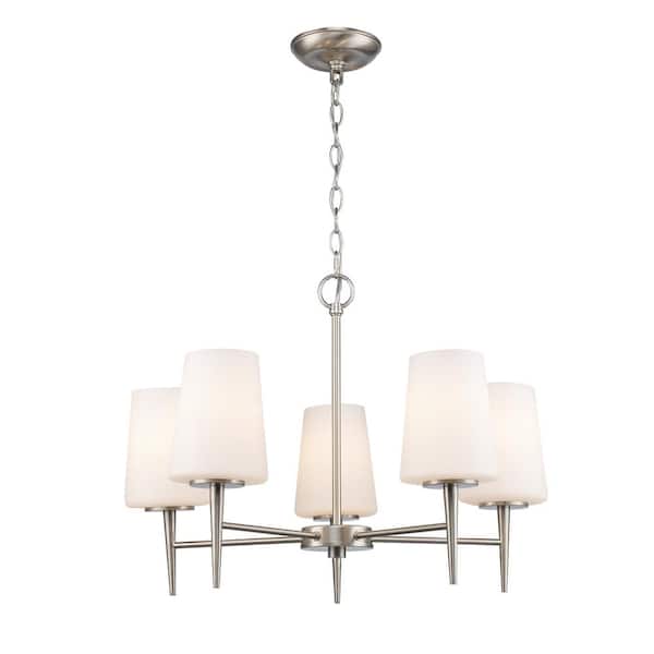 Bel Air Lighting Horizon 5-Light Brushed Nickel Hanging Chandelier Light Fixture with Frosted Glass Shades