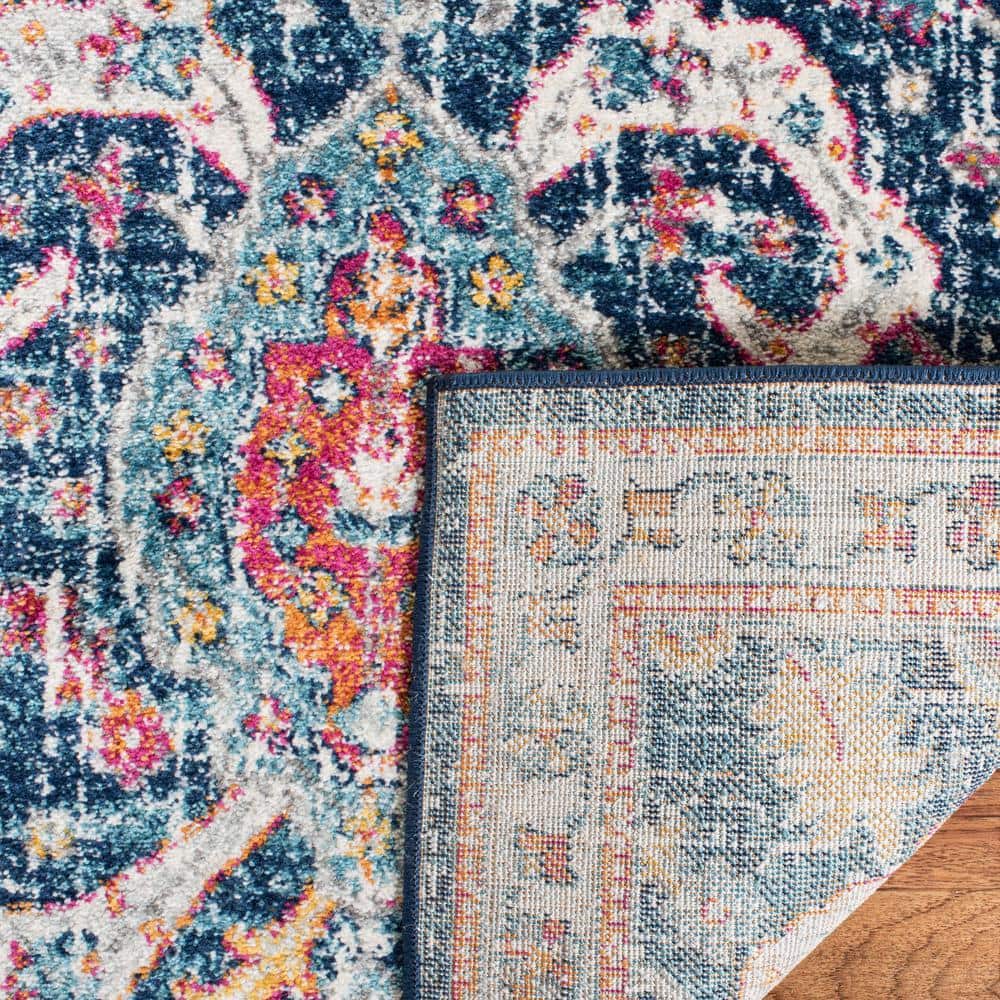 Navy and Fuchsia Floral High Pile Synthetic Runner Rug