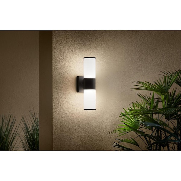 Hartford 14.25 in. Millennium Black Hardwired LED Smart Cylinder Outdoor Wall Light Sconce Powered by Hubspace