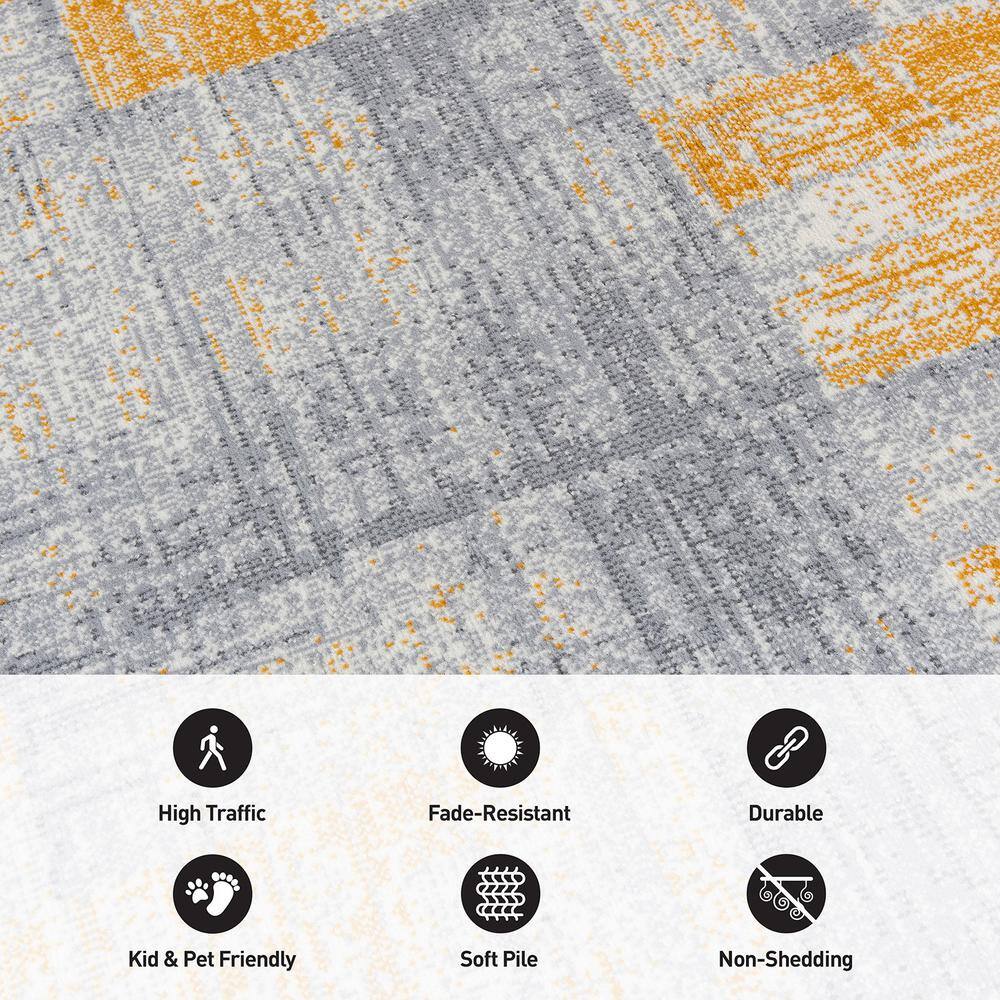 Yellow and Gray Geometric Distressed Area Rug 5' x 7'