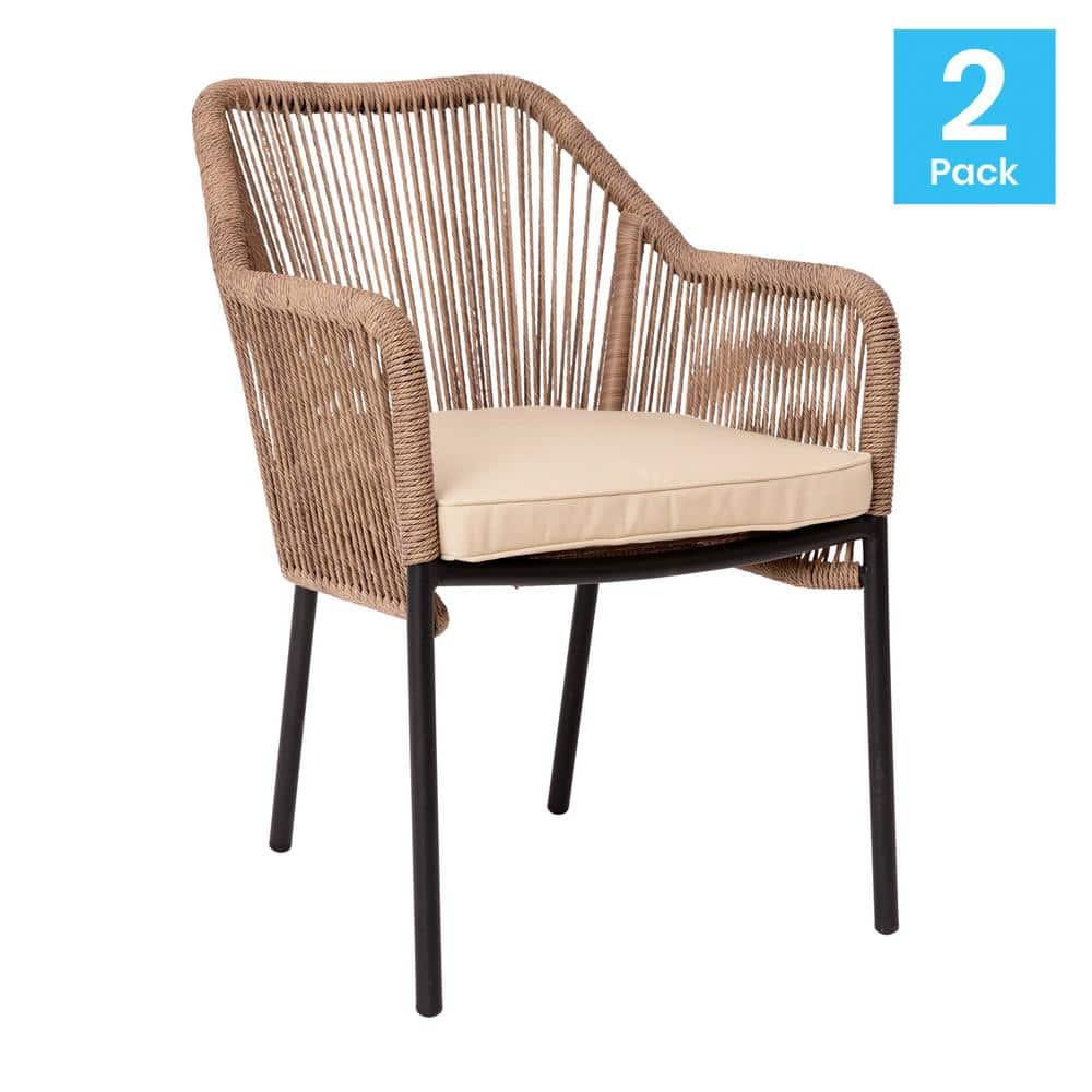 Natural Woven Metal Outdoor Dining Chairs with Cushions