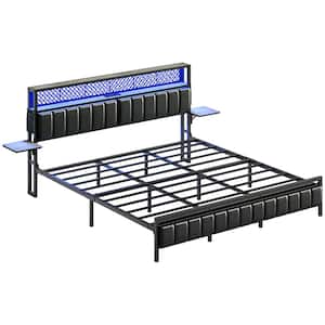 White Metal Frame Queen Size Platform Bed with Upholstered Storage Headboard Charge Station and Foldable Bedside Shelf