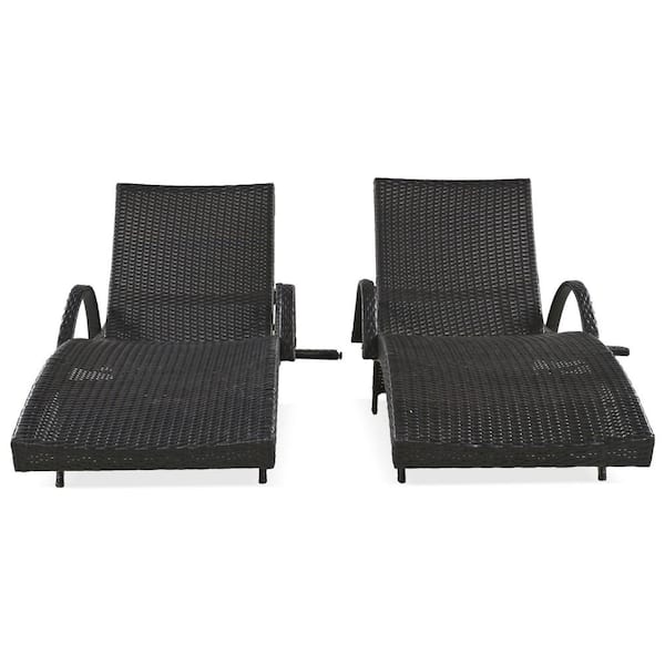 Unbranded 80 in. Brown Wicker Outdoor Chaise Lounge Chairs Set of 2-Rattan Reclining Chair Pull-Out Side Table Adjustable Backrest