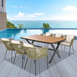 7-Piece Wood Outdoor Dining Set with Beige Cushion Dining Table and Chairs, Acacia Wood Tabletop, Metal Frame in Green