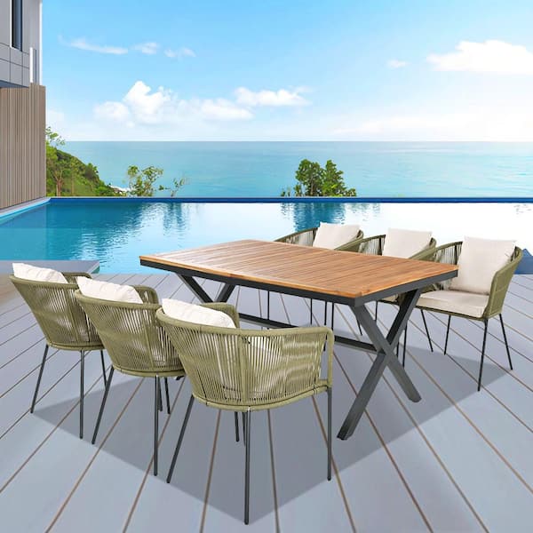 Runesay 7-Piece Wood Outdoor Dining Set with Beige Cushion Dining Table and Chairs, Acacia Wood Tabletop, Metal Frame in Green