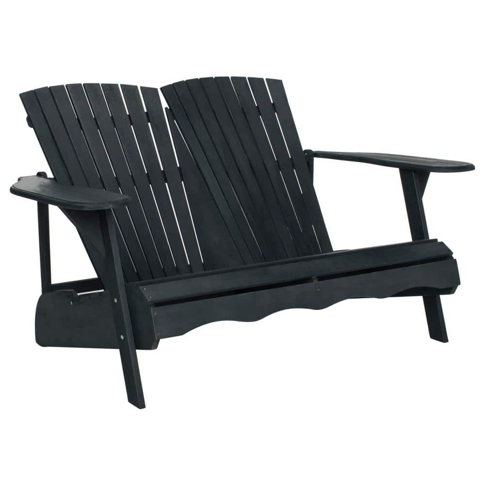Transitional Black Acacia Adirondack Loveseat Bench, 57"