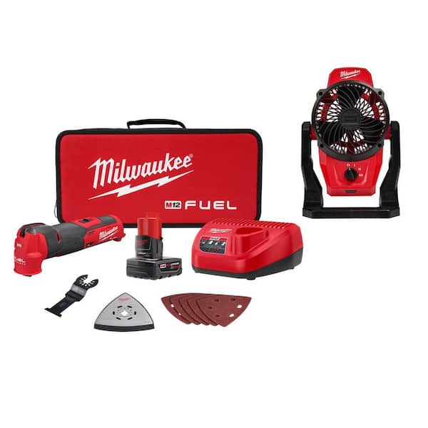 M12 FUEL 12V Lithium-Ion Cordless Oscillating Multi-Tool Kit with 4.0 Ah Battery, Charger, Accessories, Bag, and Fan
