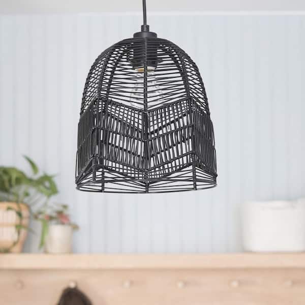 River of Goods Bianca 1-Light Black Metal Pendant With Woven Rattan Shade