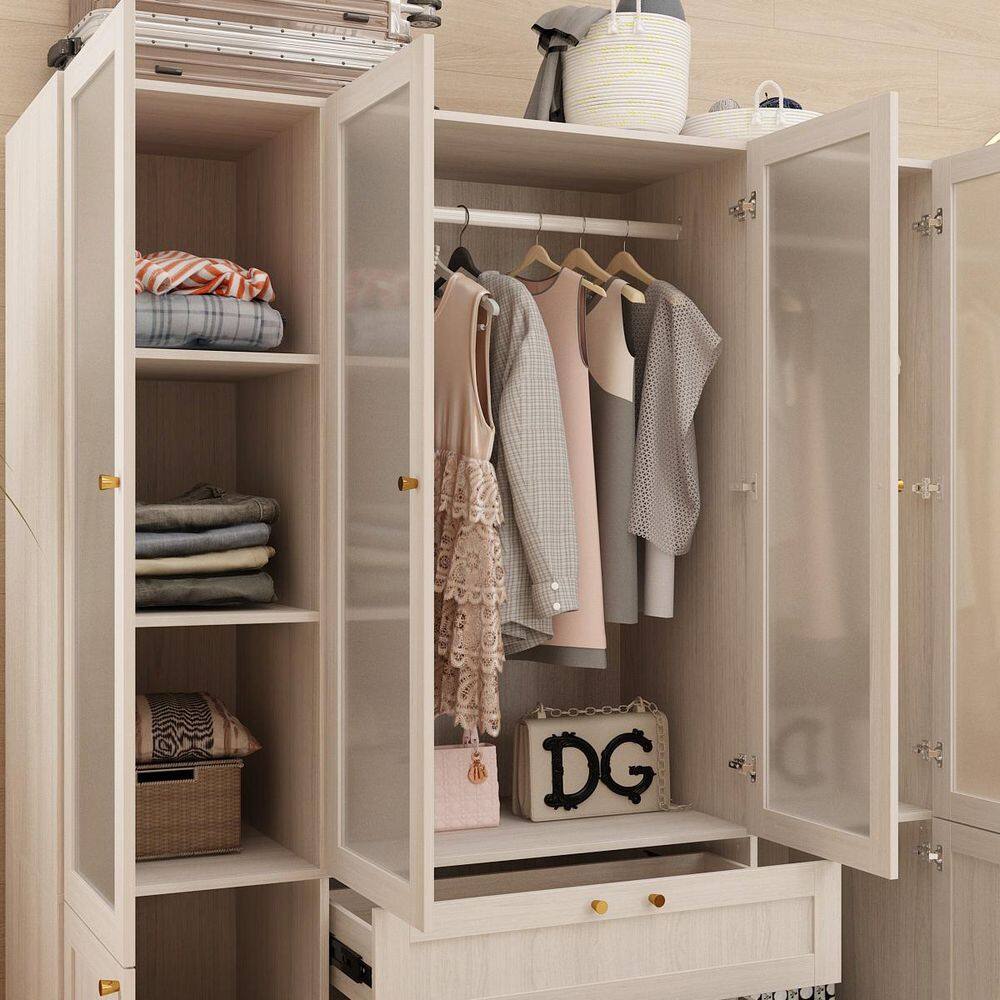 Light Oak Wood 63 in. Bedroom Armoire with Frosted Glass Doors, Double Hanging Rods and 2-Large Storage Drawers - thumbnail 5