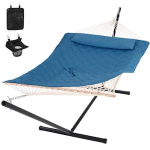 12 ft. Rope 2-Person Hammock Bed with Stand and Detachable Pillow and Pad in Blue