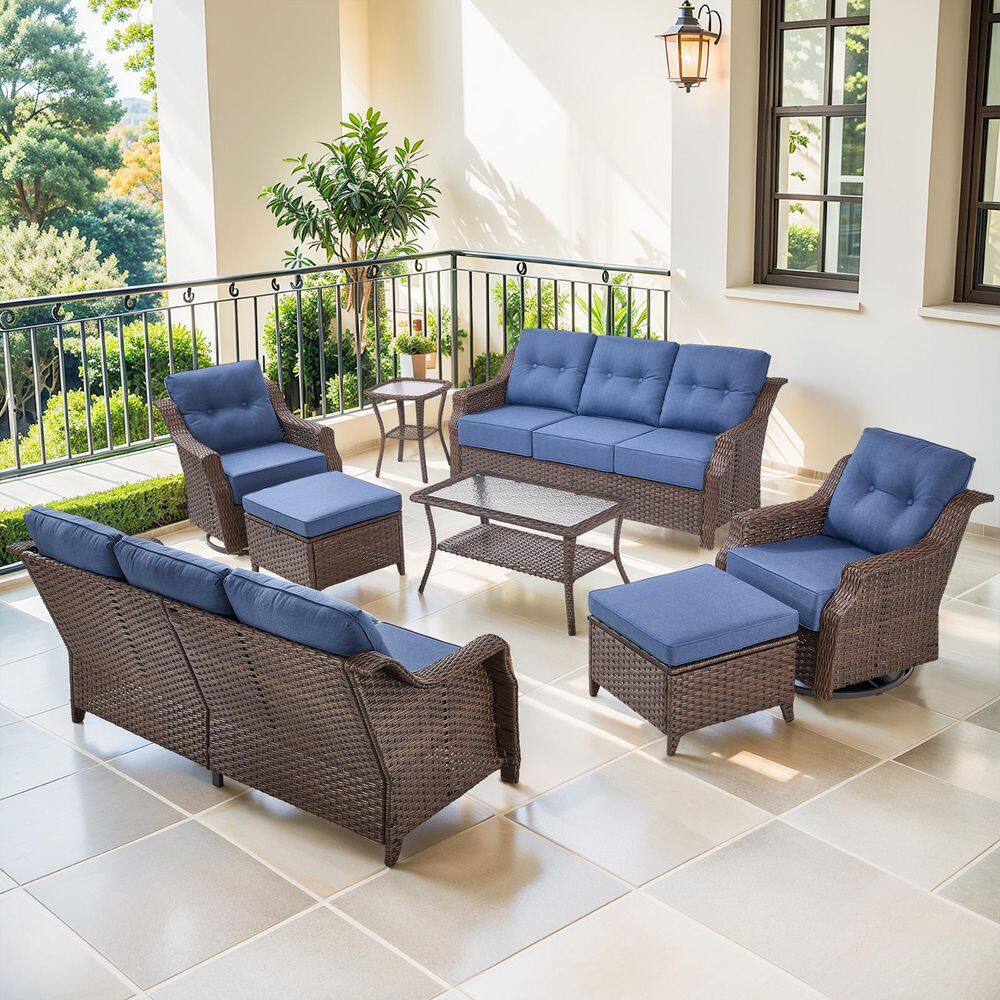Circle Brown 8-Piece Wicker Patio Conversation Seating Set with 6-inch. Thick Blue Cushions and Outdoor Swivel Chairs price history on PriceWatchPro