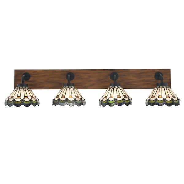 Unbranded Kirby 37.75 in. 4 Light Black and Painted Wood-look Vanity Light with 7 in. Cyprus Art Glass Shades No Bulbs Included