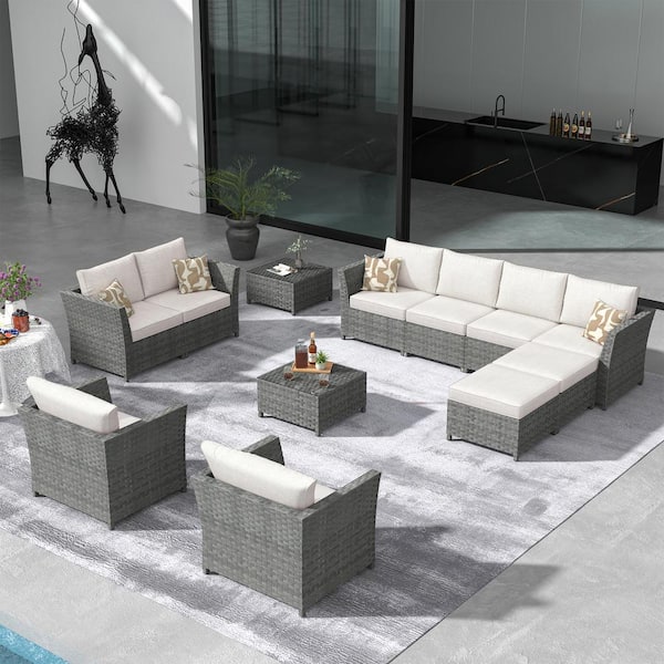 OVIOS Bexley Gray 12-Piece Wicker Patio Conversation Seating Set with Bold-stripe Beige Cushions