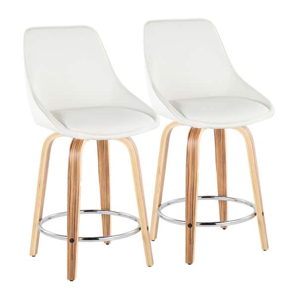 Diana 24.75 in. White Faux Leather, Zebra Wood, and Chrome Metal Fixed-Height Counter Stool (Set of 2)