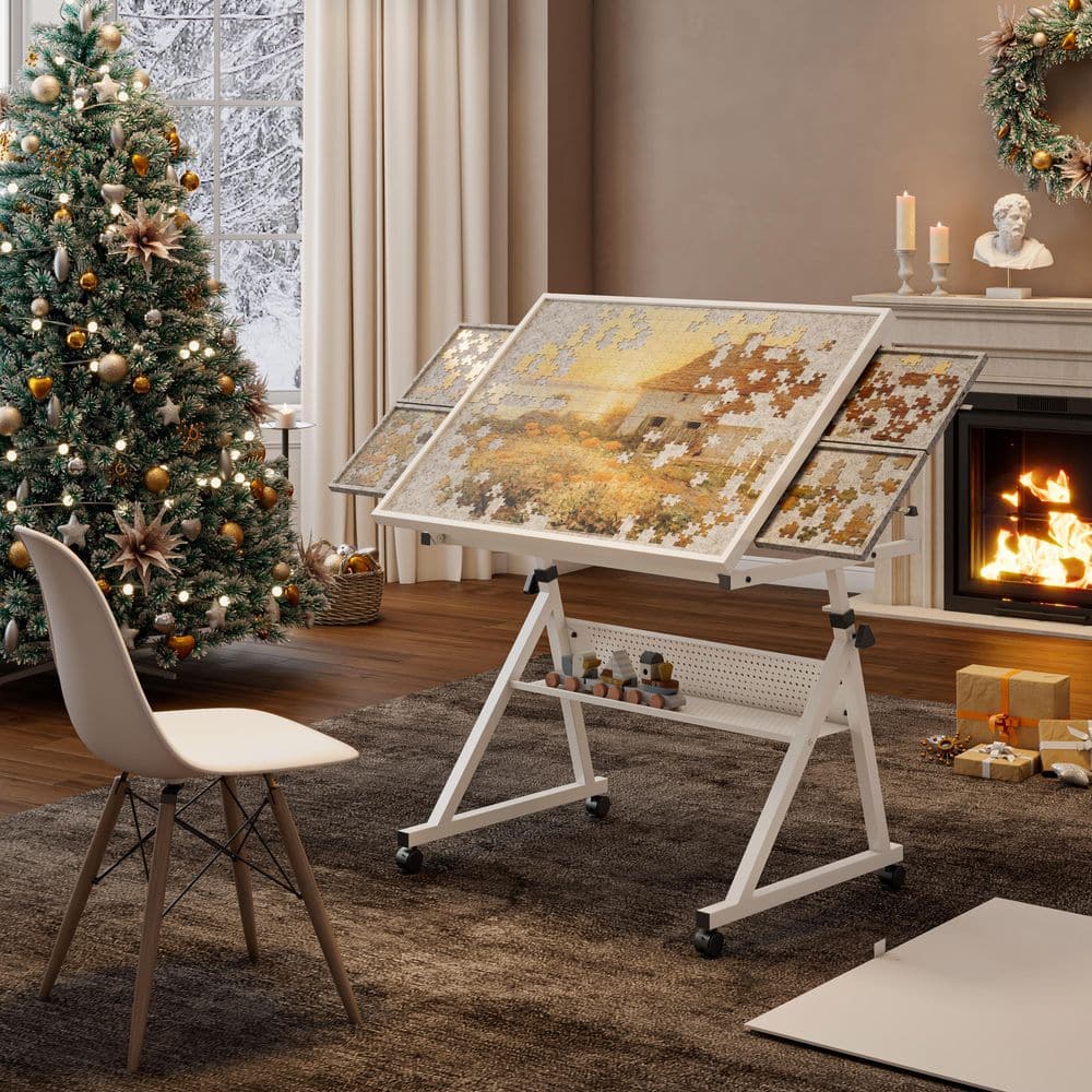 Avyn 35.4 in. Rectangle White Wood and Metal 2 Drawers Drafting Table Writing Desk with Trays price history on PriceWatchPro