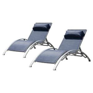 Aluminum Outdoor Pool Lounge Chairs, Adjustable Chaise Lounge Chairs w/Metal Side Table Navy Blue Textilene (Set of 3)