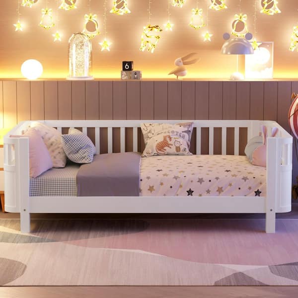 White Wood Low Profile Twin Bed Frame with Rails