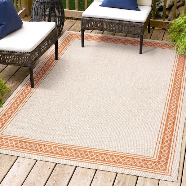 JONATHAN Y Lucia Classic Diamond Border Cream/Orange 8 ft. x 10 ft. Indoor/Outdoor Area Rug
