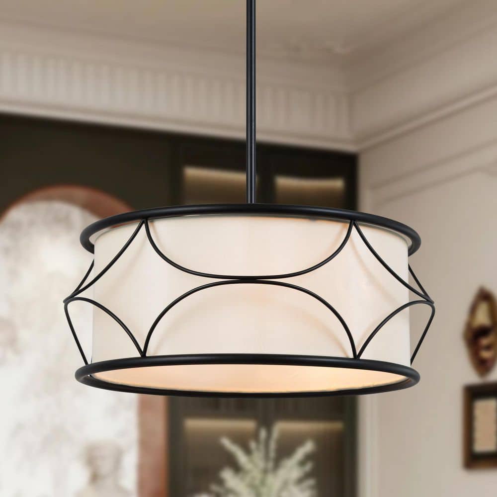 Modern Drum Island Chandelier Light Ray 3-Light Matte Black Cage Chandelier Pendant Light with Fabric Shade price history on PriceWatchPro