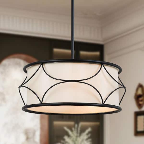 Uolfin Modern Drum Island Chandelier Light Ray 3-Light Matte Black Cage Chandelier Pendant Light with Fabric Shade