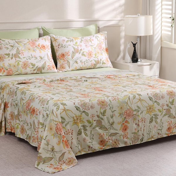 Floral Queen Size Bed Sheet Set, 6 Piece, Sage Green, Deep Pocket Fitted Sheet, Premium Microfiber, Warm Flower Printed