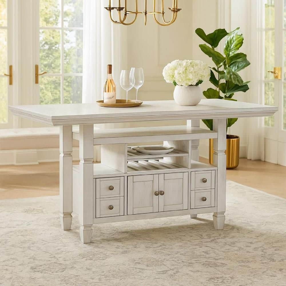 Benjara Lea Antique White and Silver Wood 72 in. 4 Legs Base Dining ...