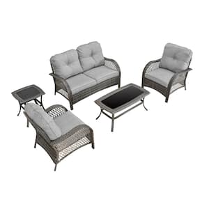 5-Piece Wicker Patio Conversation Set with Gray Cushions