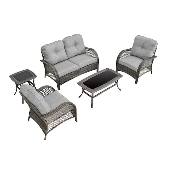 Patio Festival 5-Piece Wicker Patio Conversation Set with Gray Cushions