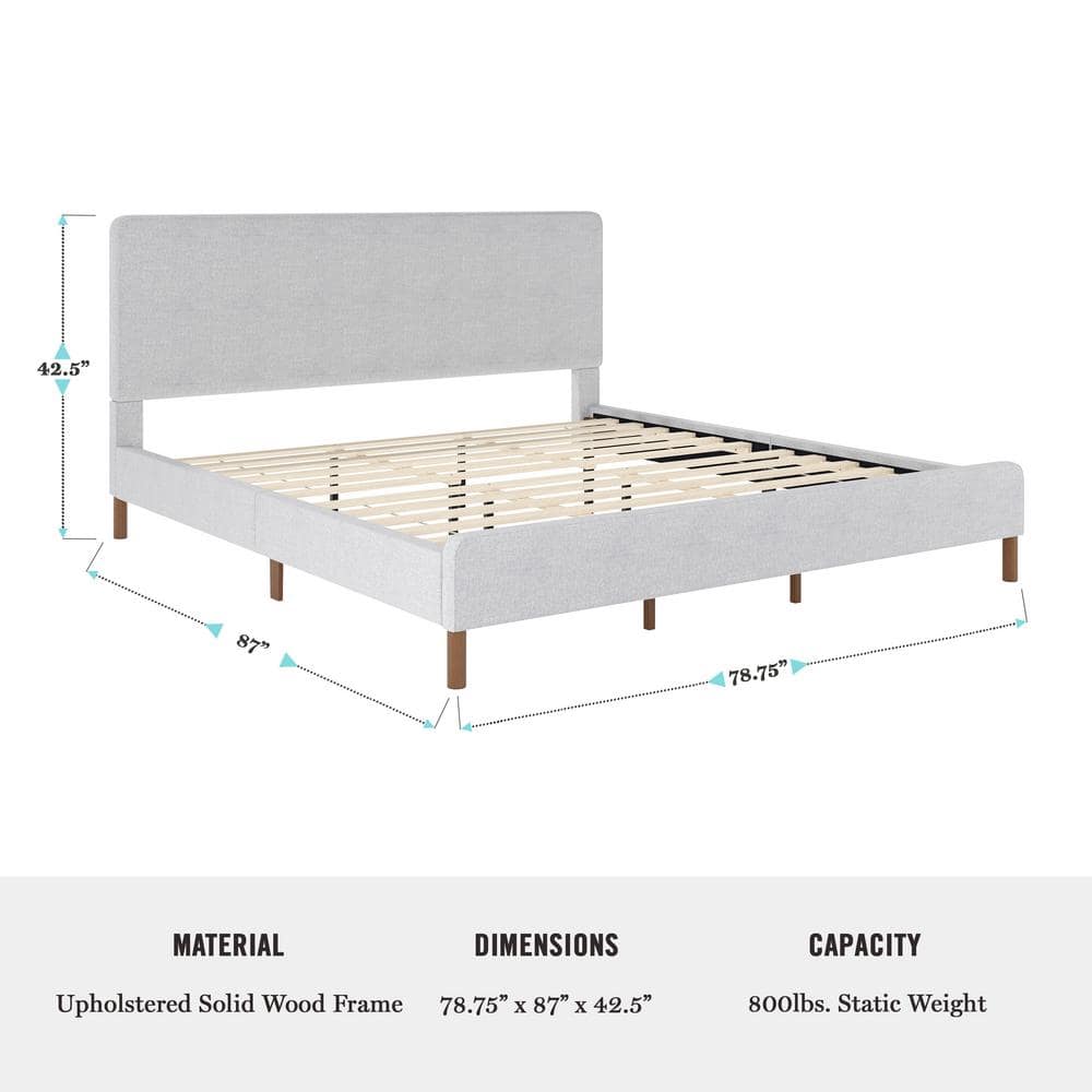 King Gray Linen Upholstered Platform Bed with Wood Frame