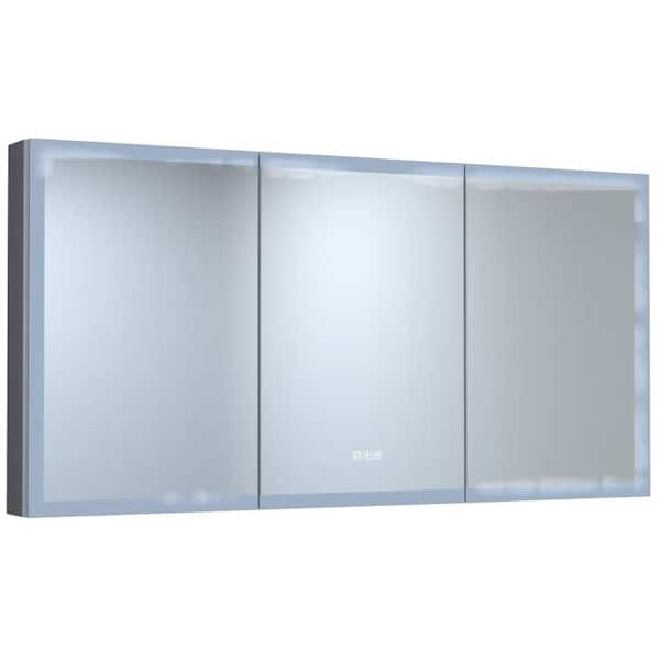 60 in. W x 36 in. H Rectangular Aluminum Medicine Cabinet with Dimmable LED Lighted Fogless Mirror and Clock for Recesse