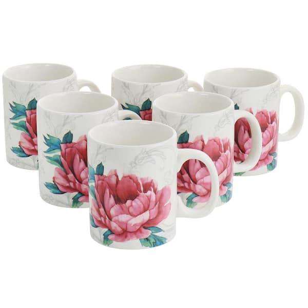 MARTHA STEWART 16 Fl. Oz. White and Pink Fine Ceramic Decorated Floral Mug Set of 6