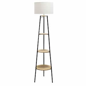 62.5 in. Light Wood Tall Modern Tripod 3-Tier Shelf Standing Floor Lamp with White Drum Fabric Shade