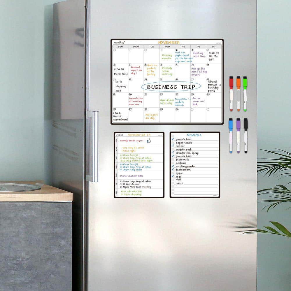 Afoxsos 3-Pack Magnetic Monthly Calendar Whiteboard Set for Fridge with 2-Notepad Whiteboards and 6-Markers - 14.5 x 11 in.