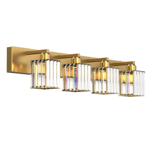 Briignite 32 in. 4-Light Gold Square LED Vanity Light in Antique Brass with Crystal Shade for Bathroom