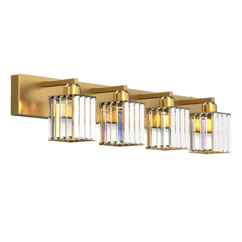 32 in. 4-Light Gold Square LED Vanity Light in Antique Brass for Bathroom with Crystal Shade price history on PriceWatchPro