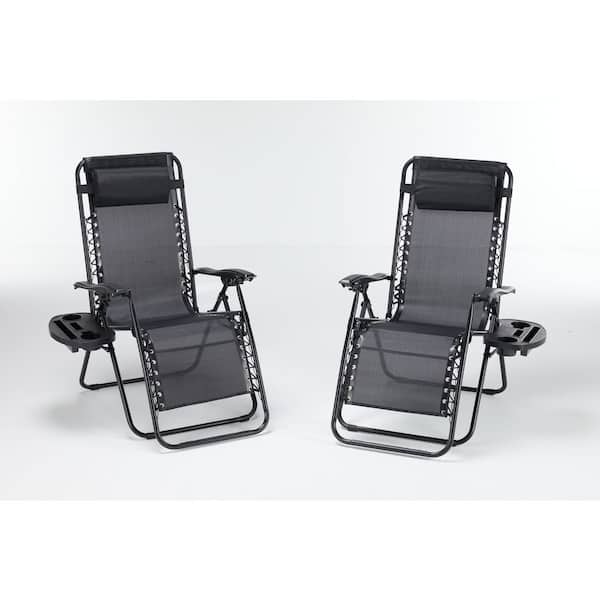 Bestier Lounge Chairs, Metal Frame Zero Cravity Outdoor Folding Recliners 43.3 inch with Pillow and Cup Holder, Black, Set of 2