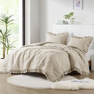 Phoebe 3-Piece Neutral Microfiber Full/Queen Diamond Quilted Ruffle Edge Comforter Set