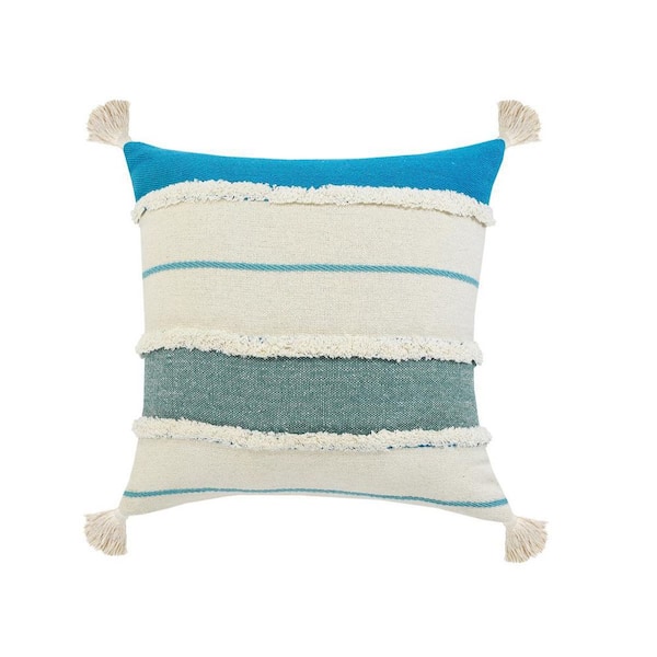 HomeRoots Turquoise Striped Polyester 20 in. x 20 in. Throw Pillow