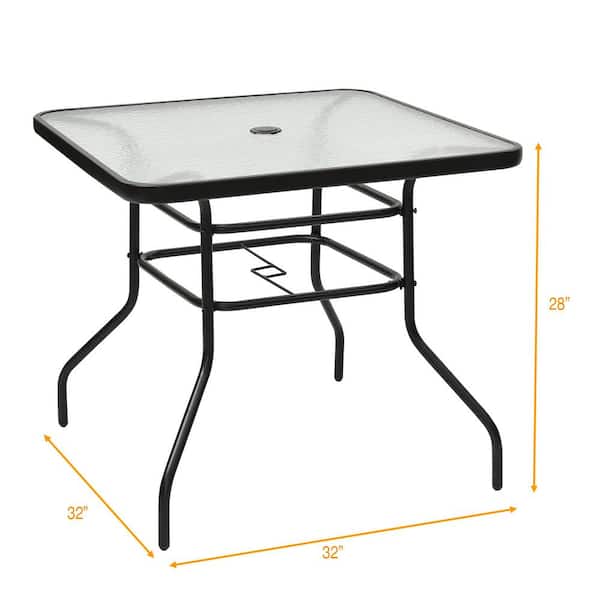 32 in. Black Square Metal Outdoor Bistro Table with Tempered Glass Tabletop