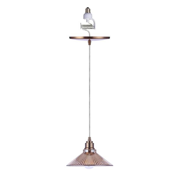 Worth Home Products WHP 1-Light Recessed Light Conversion Kit Satin Brass Shaded Pendant Light with Ribbed Amber Glass Shade