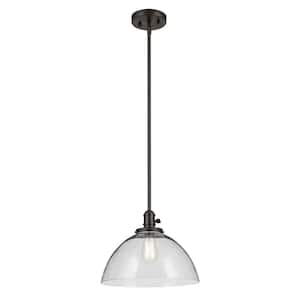 Avery 14 in. 1-Light Olde Bronze Vintage Industrial Shaded Dome Kitchen Hanging Pendant Light with Clear Seeded Glass