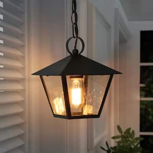 Farmhouse Black Outdoor Pendant Light, Jared 8.5 in. 1-Light Modern Cage Outdoor Ceiling Light with Seeded Glass Shade
