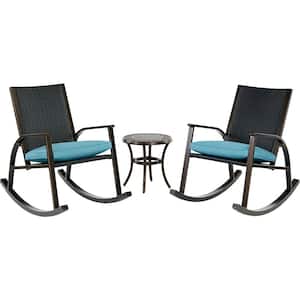 Traditions 3-Piece Aluminum Outdoor Patio Conversation Set with Blue Cushions 18 in. Side Table