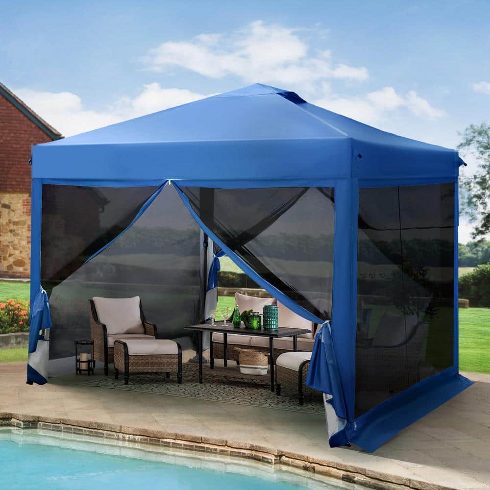 Blue 10' x 10' Pop-Up Canopy with Netting and Roller Bag