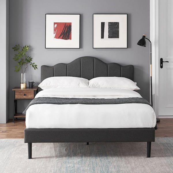 VECELO 54.3 in. W Gray Full Size Platform Bed Frame/Fabric Upholstered ...