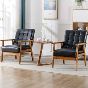 Modern Black 3-Pieces PU Faux Leather Upholstered Accent Chairs Set of 2 with Round Side Table Wood Armchairs