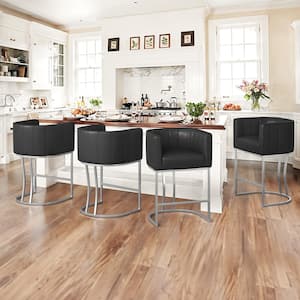 Siska 26 in.Modern Black Fabric Upholstered Counter Stool with Silver Metal Frame Barrel Counter Bar Stool Set of 4